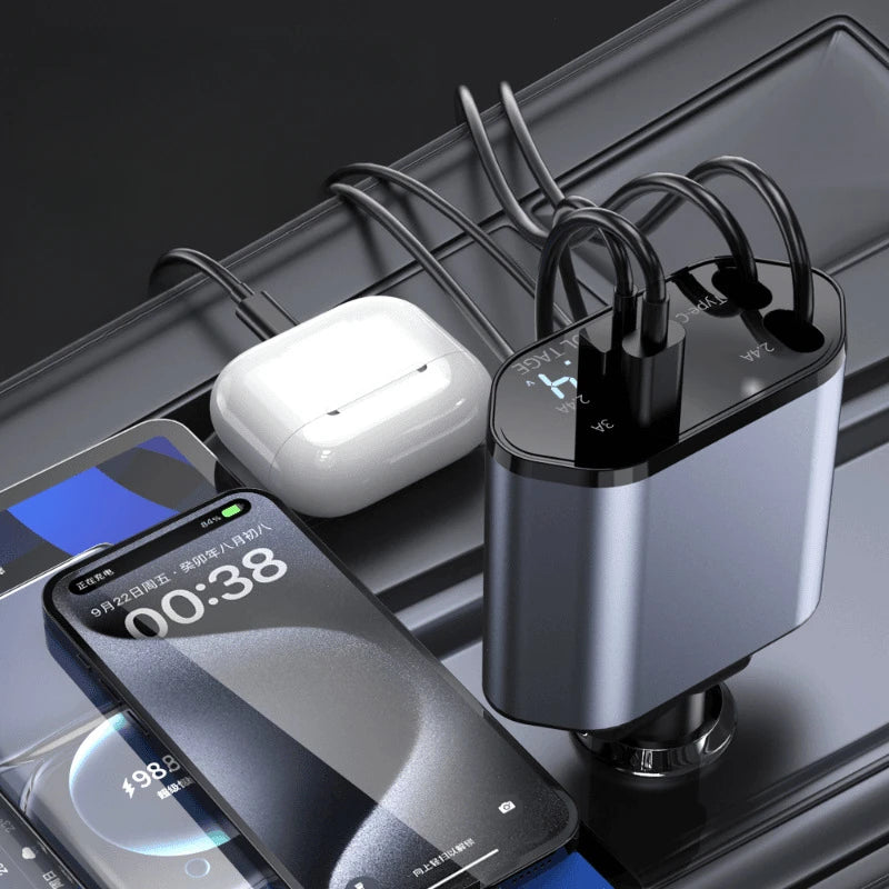 Fast Charge Phone Car Charger 4-in-1 USB PD Retractable