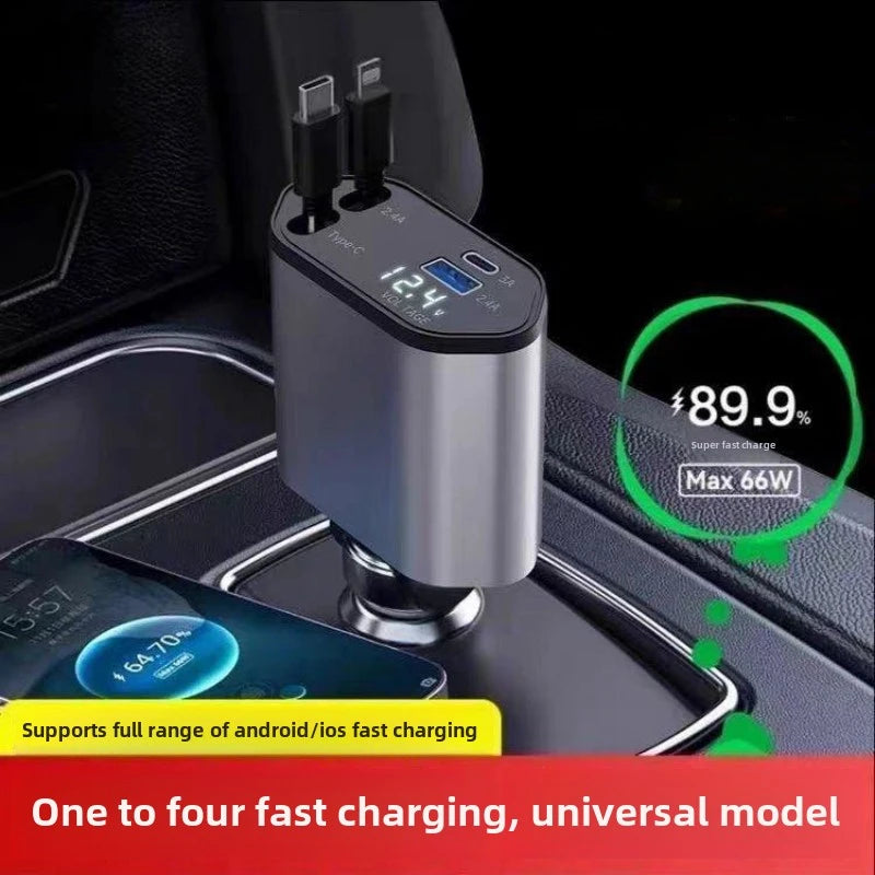 Fast Charge iPhone Car Charger 4-in-1 USB PD Retractable