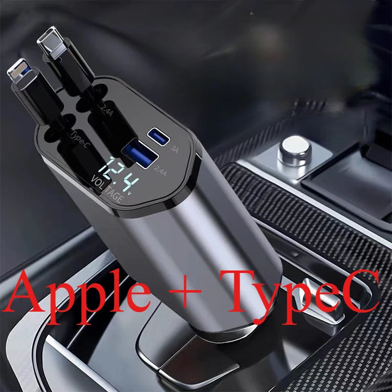 Fast Charge iPhone Car Charger 4-in-1 USB PD Retractable